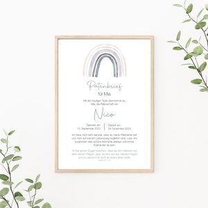 Patenbrief Regenbogen, Patenurkunde personalisierbar, Taufbrief, Geschenk vom Taufkind für den Paten, Print oder PDF, blau