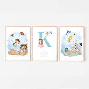 Wandbild Kinderzimmer Ocean 3er Set, Geburtsposter personalisierbar mit Monogramm und Namen, Wandbild Unterwasser, Meerjungfrau