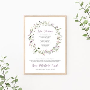 Patenbrief Wildblumen, Patenurkunde personalisierbar, Taufgeschenk für Patenkind, als Print oder PDF, lila