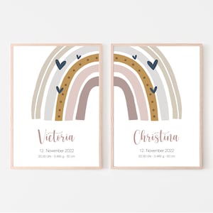 Geburtsposter 2er Set, Zwillinge, Geschwister, personalisierbar, Geschenk zur Geburt, Namensposter, Regenbogen, rosa, Print oder PDF