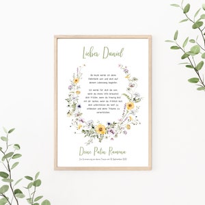 Patenbrief Blumen, Patenurkunde personalisierbar, Taufgeschenk für Patenkind, Wildblumen, als Print oder PDF, grün