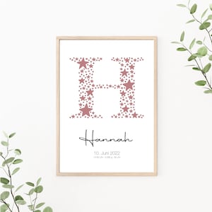 Geburtsposter personalisierbar mit Geburtsdaten, Geschenk zur Geburt, Buchstaben Poster, Monogramm, Kinderzimmer Deko, Print oder PDF, rosa