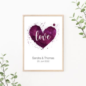 Hochzeitsposter Herz, Paarposter personalisierbar mit Namen und Datum, als Print oder PDF Datei