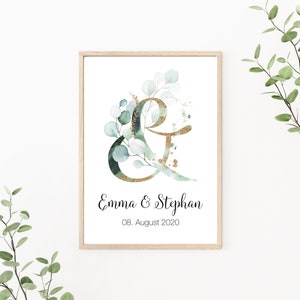 Hochzeitsposter, Paarposter personalisierbar mit Namen und Datum, &-Zeichen mit Eukalyptus, Greenery, als Print oder PDF Datei