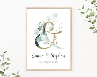 Wedding poster, couple poster personalizable with name and date, &-sign with eucalyptus, greenery, as print or PDF file