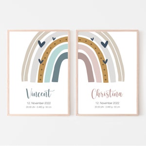 Birth poster set of 2, twins, siblings, customizable, birth gift, name poster, rainbow, print without PDF, blue and pink