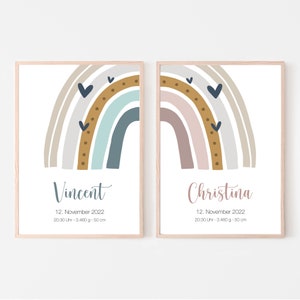 Geburtsposter 2er Set, Zwillinge, Geschwister, personalisierbar, Geschenk zur Geburt, Namensposter, Regenbogen, Print o. PDF, blau und rosa