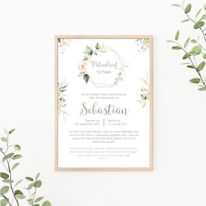 Patenbrief Blumenkranz personalisiert, Patenurkunde, Geschenk vom Taufkind für den Paten, als Print oder PDF, grün