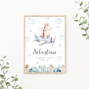 Geburtsposter personalisierbar mit Geburtsdaten, Geschenk zur Geburt, Kinderzimmer Deko, Wandbild Flugzeug mit Giraffe, Print oder PDF
