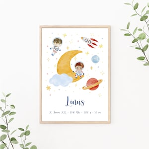 Geburtsposter Astronaut personalisiert mit Geburtsdaten, Namensposter, Geschenk zur Geburt, Wandbild Rakete und Mond, Print oder PDF, blau