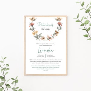 Patenbrief personalisierbar, Patenurkunde, Geschenk vom Taufkind für den Paten, Taufbrief, Print oder PDF, Wildblumen, Sommerblumen, grün