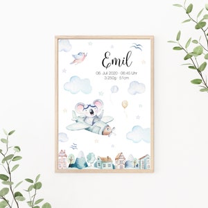 Geburtsposter personalisierbar mit Geburtsdaten, Geschenk zur Geburt, Baby Junge, Kinderzimmer Deko, Wandbild Flugzeug, blau, Print oder PDF