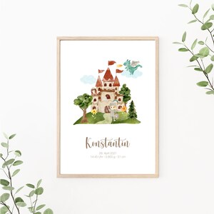 Geburtsposter personalisierbar mit Geburtsdaten, Geschenk zur Geburt, Kinderzimmer Deko Schloss, Wandbild Drache, Print oder PDF