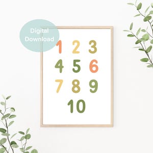 Descarga de póster de aprendizaje de números, póster de aprendizaje del 1 al 10, póster de matemáticas, imagen de la habitación de los niños, póster digital, archivo PDF, verde