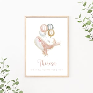 Geburtsposter Wal personalisiert mit Geburtsdaten, Namensposter, Geschenk zur Geburt, Wandbild Wal mit Luftballons, Print oder PDF, rosa