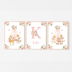 Wandbild Kinderzimmer 3er Set, Geburtsposter personalisierbar mit Monogramm und Namen für Baby Mädchen, Poster Boho, rosa