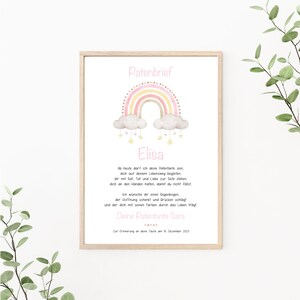 Patenbrief Regenbogen, Patenurkunde personalisierbar, Taufgeschenk für Patenkind, Taufbrief, als Print oder PDF, rosa