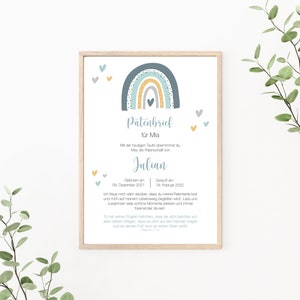 Patenbrief Regenbogen, Patenurkunde personalisierbar, Geschenk vom Taufkind für den Paten, Print oder PDF, blau