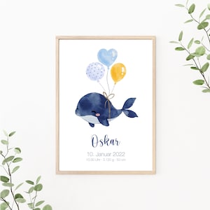 Geburtsposter Wal personalisiert mit Geburtsdaten, Namensposter, Geschenk zur Geburt, Wandbild Wal mit Luftballons, Print oder PDF, blau