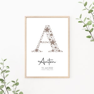 Geburtsposter personalisierbar mit Geburtsdaten, Geschenk zur Geburt, Buchstaben Poster, Monogramm, Kinderzimmer Deko, Print oder PDF, beige