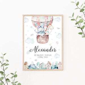 Geburtsposter personalisierbar mit Geburtsdaten, Geschenk zur Geburt, Kinderzimmer Deko, Wandbild mit Heißluftballon, Print oder PDF