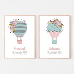Geburtsposter 2er Set, Zwillinge, Geschwister, personalisierbar, Geschenk zur Geburt, Namensposter, Heißluftballon, Print oder PDF