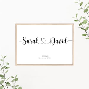 Hochzeitsposter mit Herz, Paarposter personalisiert mit Namen und Datum, als Print oder PDF Datei
