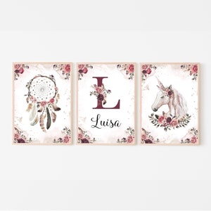 Wandbild Kinderzimmer 3er Set, Geburtsposter personalisierbar mit Monogramm und Namen für Baby Mädchen, Wandbild Einhorn und Traumfänger