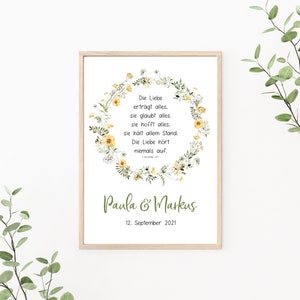 Hochzeitsposter Blumenkranz, Paarposter personalisierbar mit Namen und Datum, Korinther, Wildblumen, als Print oder PDF Datei