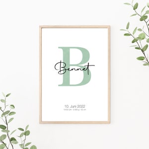 Geburtsposter personalisierbar mit Geburtsdaten, Geschenk zur Geburt, Buchstaben Poster, Monogramm, Kinderzimmer Deko, Print oder PDF, grün