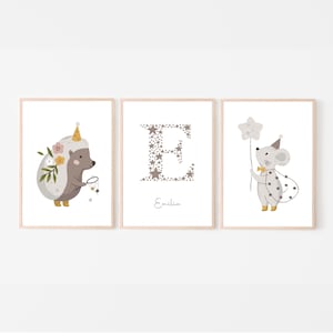Wandbild Kinderzimmer 3er Set, Igel und Maus, Geburtsposter personalisierbar, Namensposter, Monogramm, als Print oder PDF, grau