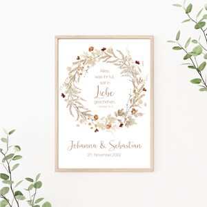 Hochzeitsposter, Paarposter, personalisierbar mit Namen und Datum, Korinther, als Print oder PDF Datei, Trockenblumen, beige