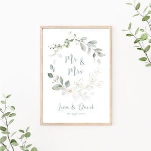 Hochzeitsposter, Paarposter Mr & Mrs personalisiert mit Namen und Datum, als Print oder PDF Datei, grün
