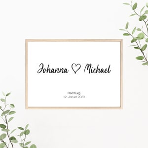 Hochzeitsposter mit Herz, Paarposter personalisiert mit Namen, Datum und Ort, als Print oder PDF Datei