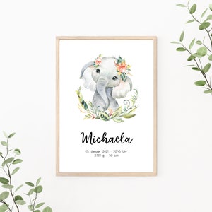 Geburtsposter personalisierbar mit Geburtsdaten, Namensposter, Geschenk zur Geburt, Kinderzimmer Deko, Wandbild Elefant, Print oder PDF