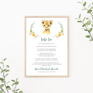 Patenbrief Löwe, Patenurkunde personalisierbar, Taufgeschenk für Patenkind, als Print oder PDF, grün