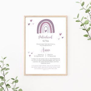 Patenbrief Regenbogen, Patenurkunde personalisierbar, Geschenk vom Taufkind für den Paten, Taufbrief, Print oder PDF, lila