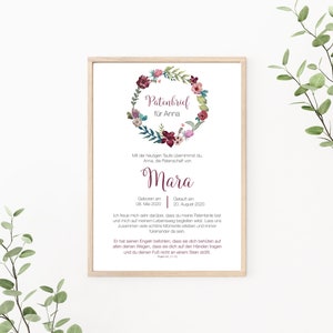 Patenbrief Blumenkranz personalisiert, Patenurkunde, Geschenk vom Taufkind für den Paten, als Print oder PDF, weinrot