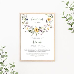 Patenbrief Wiesenblumen personalisierbar, Patenurkunde, Geschenk vom Taufkind für den Paten, Print oder PDF, grün