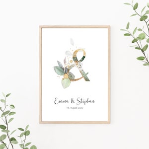 Hochzeitsposter, Paarposter personalisierbar mit Namen und Datum, &-Zeichen mit Eukalyptus, Greenery, als Print oder PDF Datei
