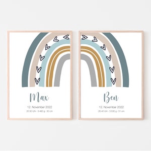 Geburtsposter 2er Set, Zwillinge, Geschwister, Brüder, personalisierbar, Geschenk Geburt, Namensposter, Regenbogen, Print oder PDF, blau