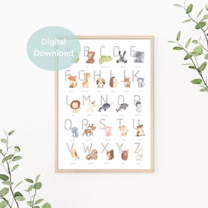 Descarga de cartel de aprendizaje ABC, cartel del abecedario con animales, cartel de habitación infantil, regalo de inscripción escolar, cartel digital, archivo PDF