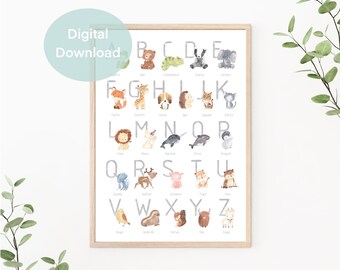 ABC learning poster download, alphabet poster with animals, children's room poster, school enrollment gift, digital poster, PDF file