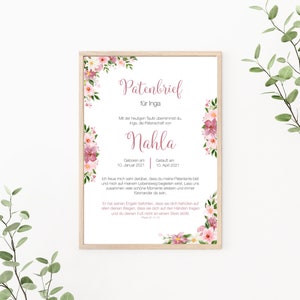 Patenbrief personalisierbar, Patenurkunde, Geschenk vom Taufkind für den Paten, Blumen, als Print oder PDF, rosa
