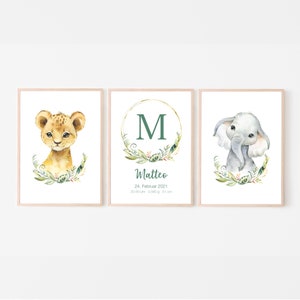 Wandbild Kinderzimmer Dschungeltiere 3er Set, Geburtsposter personalisierbar mit Monogramm und Namen für Baby Jungen, Poster Dschungel, grün