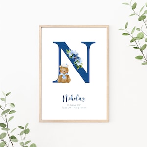 Geburtsposter personalisierbar mit Geburtsdaten, Geschenk zur Geburt, Buchstaben Poster, Monogramm, Kinderzimmer Deko, Print oder PDF, blau