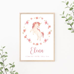 Geburtsposter personalisierbar mit Geburtsdaten, Namensposter, Geschenk zur Geburt, Baby Mädchen, Wandbild Einhorn, Print oder PDF