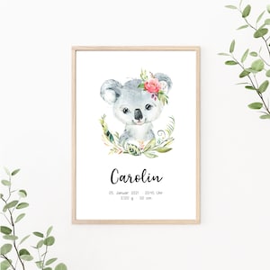 Geburtsposter personalisierbar mit Geburtsdaten, Namensposter, Geschenk zur Geburt, Kinderzimmer Deko, Wandbild Koala, Print oder PDF
