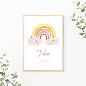 Geburtsposter Regenbogen, personalisierbar mit Geburtsdaten, Geschenk zur Geburt, Baby Mädchen, Kinderzimmer Deko, rosa, als Print oder PDF