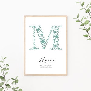 Geburtsposter personalisierbar mit Geburtsdaten, Geschenk zur Geburt, Buchstaben Poster, Monogramm, Kinderzimmer Deko, Print oder PDF, grün